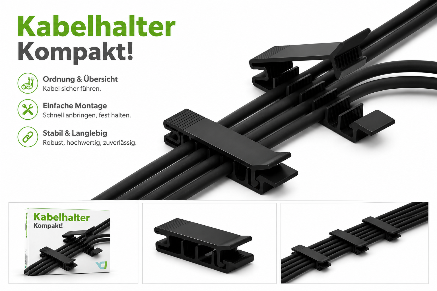 Kabelhalter Kompakt – 3er Pack Kabelmanagement Clip für saubere Kabelordnung | Robust & einfach montierbar